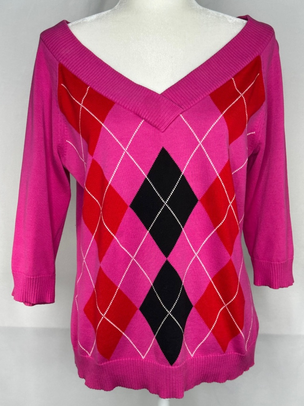 Liz Claiborne Pink Argyle V-Neck Sweater Preppy Sz‎